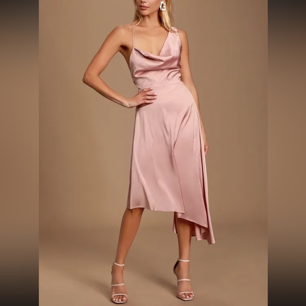 Lulus Sereno mauve pink satin cowl neck asymmetrical midi dress